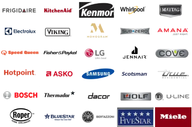 Appliance brands we service: Frigidaire, KitchenAid, Kenmore, Whirlpool, Maytag, Samsung, LG, Bosch, Miele, and more